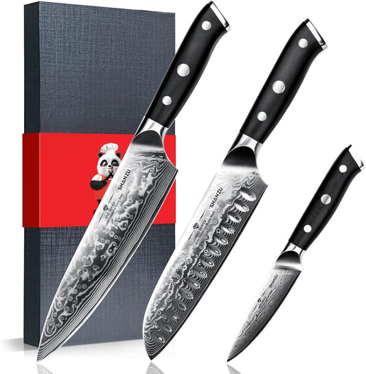 Damascus Knife Set, Japanese Super Steel 3 PCS Damascus High Carbon Professional Ultra-Sharp Kitchen Chef Knife Set with G10 Handle Gift Box | Damascus High Carbon Professional Ultra-Sharp Kitchen Chef Knife Set with G10 Handle Gift Box
