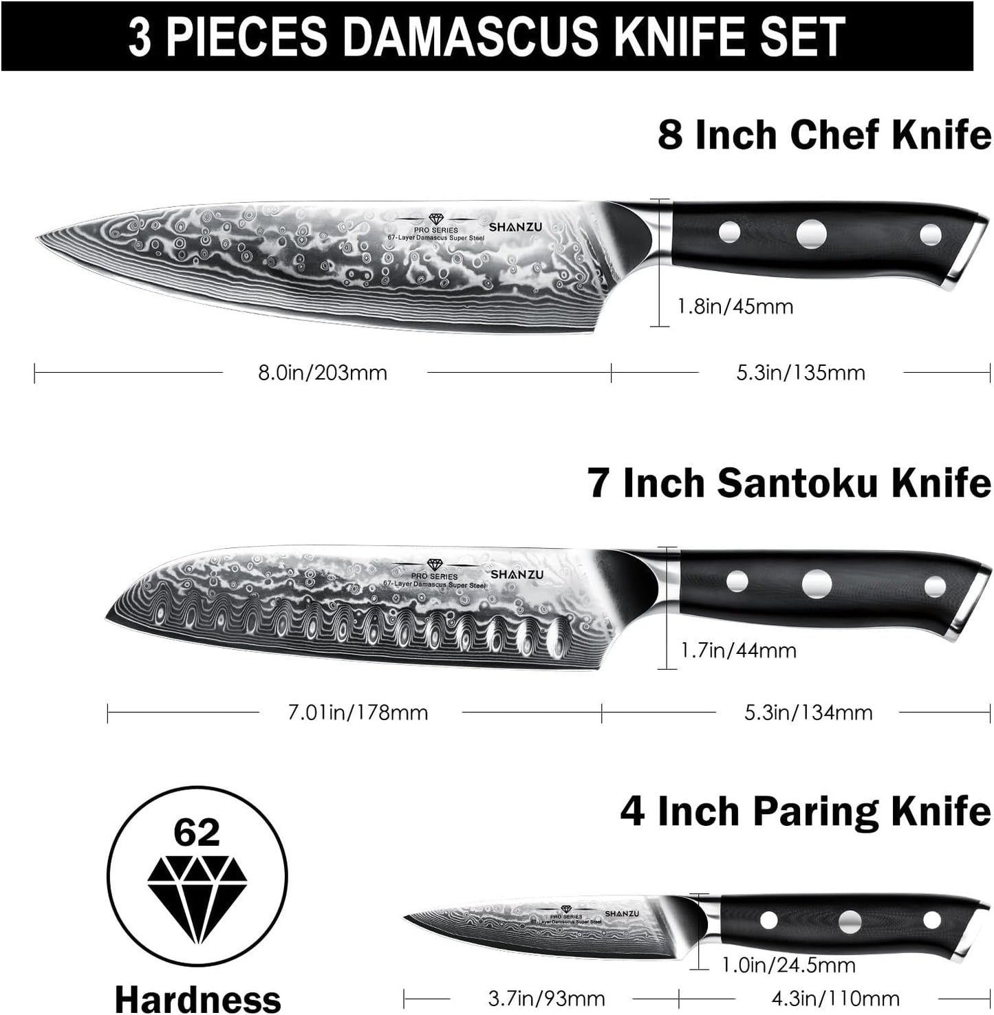 Damascus Knife Set, Japanese Super Steel 3 PCS Damascus High Carbon Professional Ultra-Sharp Kitchen Chef Knife Set with G10 Handle Gift Box | Damascus High Carbon Professional Ultra-Sharp Kitchen Chef Knife Set with G10 Handle Gift Box