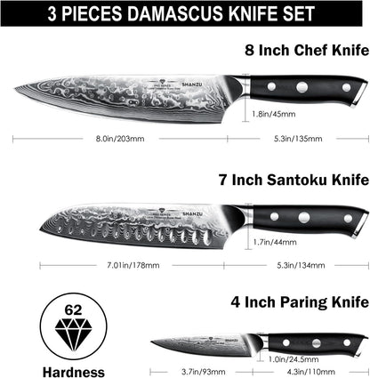Damascus Knife Set, Japanese Super Steel 3 PCS Damascus High Carbon Professional Ultra-Sharp Kitchen Chef Knife Set with G10 Handle Gift Box | Damascus High Carbon Professional Ultra-Sharp Kitchen Chef Knife Set with G10 Handle Gift Box