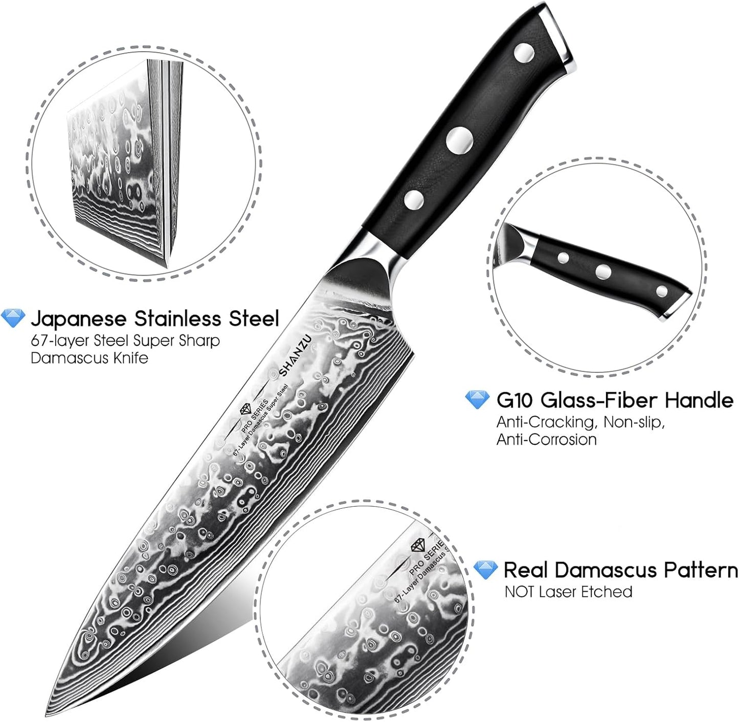 Damascus Knife Set, Japanese Super Steel 3 PCS Damascus High Carbon Professional Ultra-Sharp Kitchen Chef Knife Set with G10 Handle Gift Box | Damascus High Carbon Professional Ultra-Sharp Kitchen Chef Knife Set with G10 Handle Gift Box