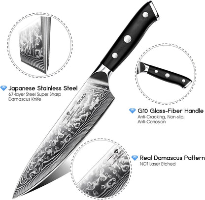 Damascus Knife Set, Japanese Super Steel 3 PCS Damascus High Carbon Professional Ultra-Sharp Kitchen Chef Knife Set with G10 Handle Gift Box | Damascus High Carbon Professional Ultra-Sharp Kitchen Chef Knife Set with G10 Handle Gift Box