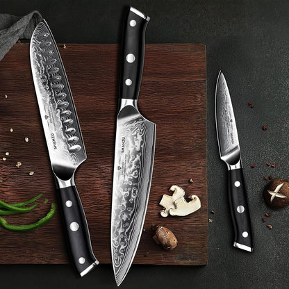Damascus Knife Set, Japanese Super Steel 3 PCS Damascus High Carbon Professional Ultra-Sharp Kitchen Chef Knife Set with G10 Handle Gift Box | Damascus High Carbon Professional Ultra-Sharp Kitchen Chef Knife Set with G10 Handle Gift Box