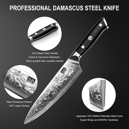 Damascus Knife Set, Japanese Super Steel 3 PCS Damascus High Carbon Professional Ultra-Sharp Kitchen Chef Knife Set with G10 Handle Gift Box | Damascus High Carbon Professional Ultra-Sharp Kitchen Chef Knife Set with G10 Handle Gift Box