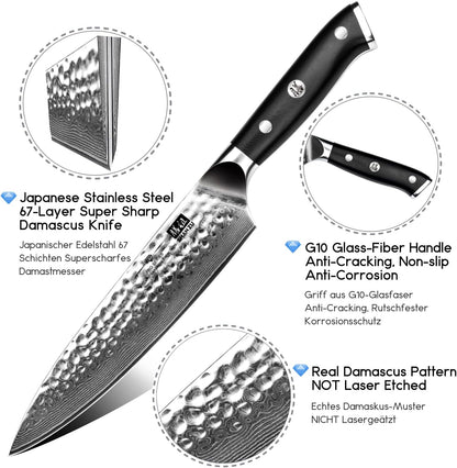Damascus Knife Set, Japanese Super Steel 3 PCS Damascus High Carbon Professional Ultra-Sharp Kitchen Chef Knife Set with G10 Handle Gift Box | Damascus High Carbon Professional Ultra-Sharp Kitchen Chef Knife Set with G10 Handle Gift Box