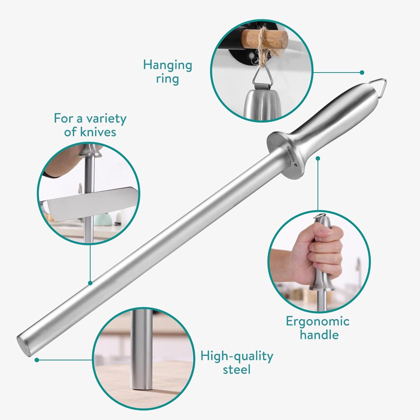 Diamond Sharpening Steel - 12" (31cm) Oval Knife Rod Sharpener for Honing Kitchen Knives - Lightweight and Durable for Home or Pro Use