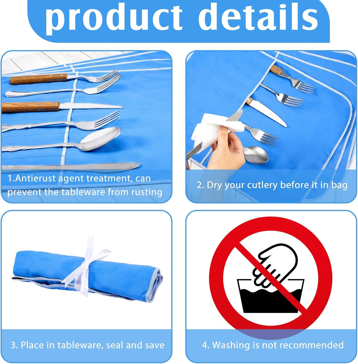 Silver Storage Bags Anti Tarnish Silver Protector Bags Blue Holder for Silverware Flatware Storage Organizer Cloth Place Setting Roll with White Ribbon for Teaspoon Utensils(6 Pieces)