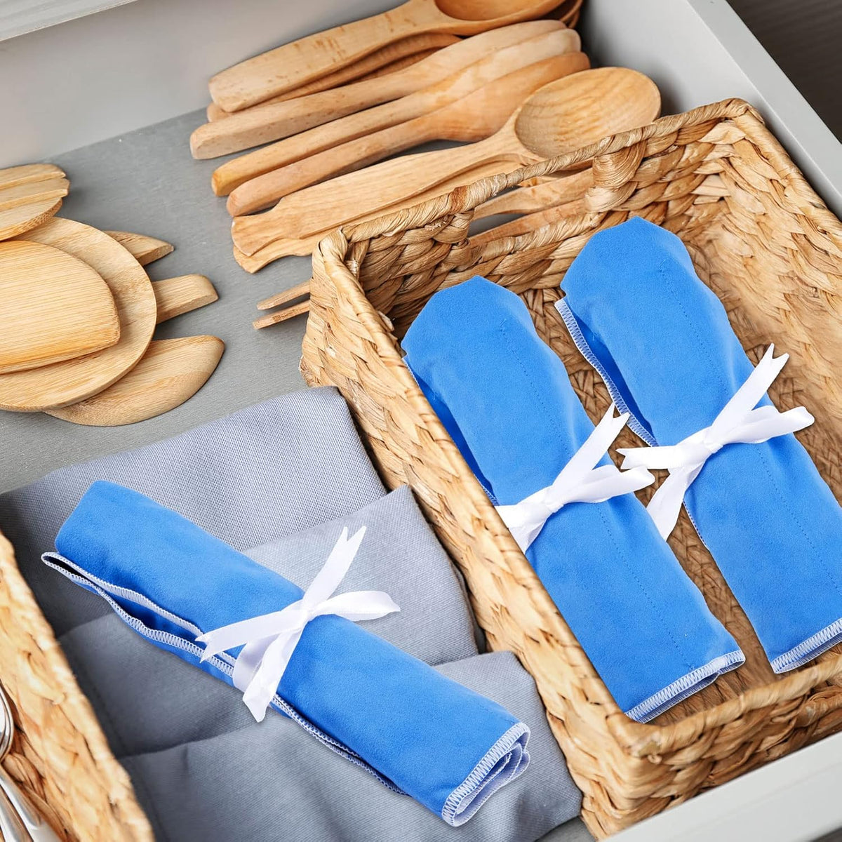 Silver Storage Bags Anti Tarnish Silver Protector Bags Blue Holder for Silverware Flatware Storage Organizer Cloth Place Setting Roll with White Ribbon for Teaspoon Utensils(6 Pieces)