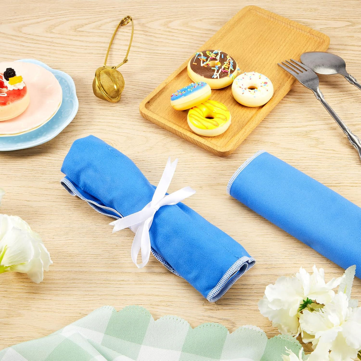 Silver Storage Bags Anti Tarnish Silver Protector Bags Blue Holder for Silverware Flatware Storage Organizer Cloth Place Setting Roll with White Ribbon for Teaspoon Utensils(6 Pieces)