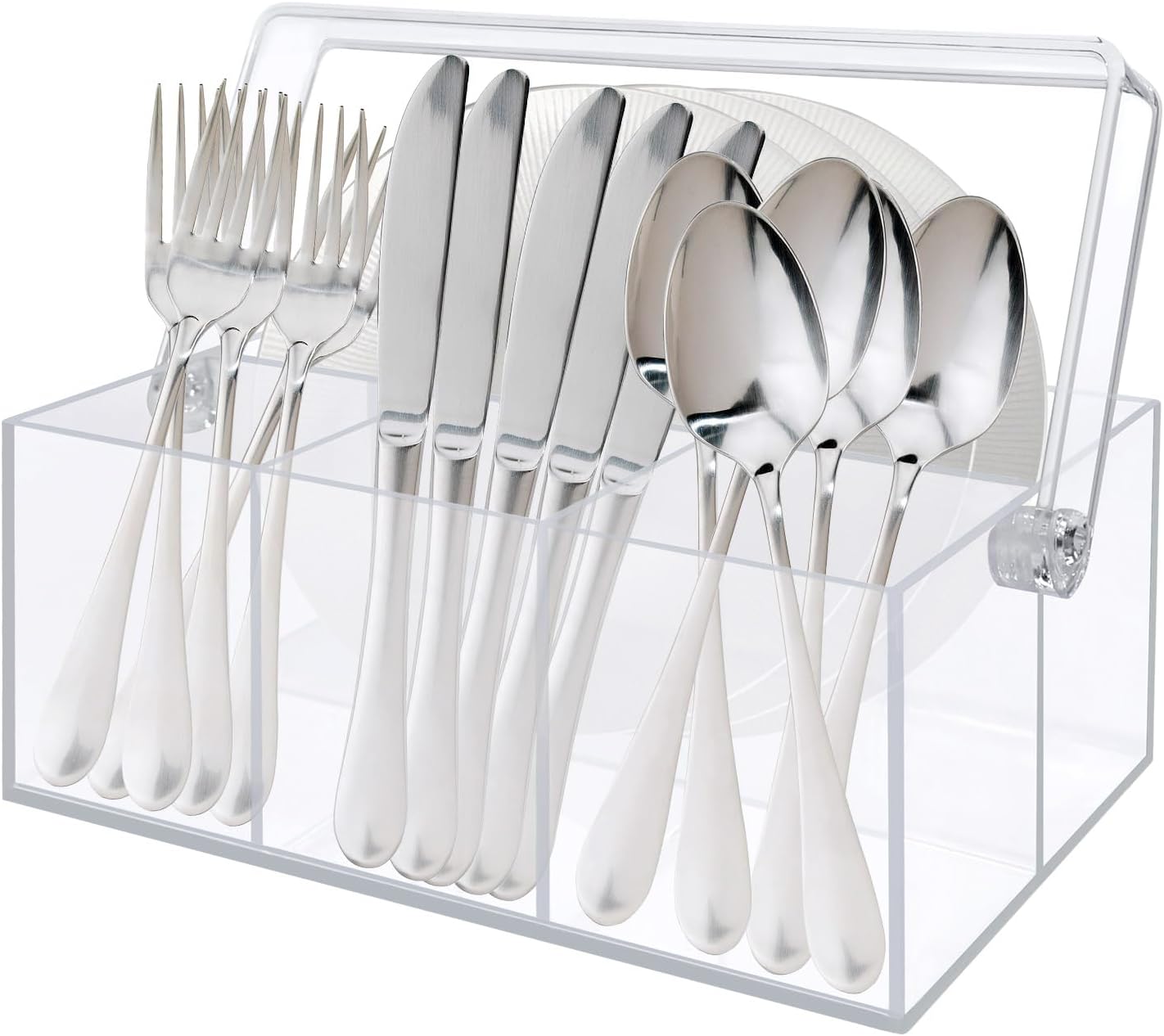 Acrylic Utensil Holder & Silverware Organizer,Space-Saving Heavy-Duty Cutlery Caddy for Spoons,Forks,Knives,Napkins Kitchen Countertop,able,Buffet,Picnic Party (Indoor Outdoor Use)