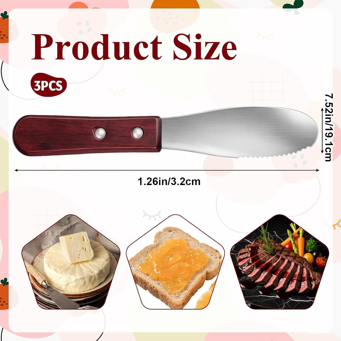 3 Pcs Stainless Steel Butter Spreader, Cheese Spreader Knife | Straight Edge Wide Butter Knife Spreader with Wood Handle Kitchen Tools for Sandwich Cream Condiments