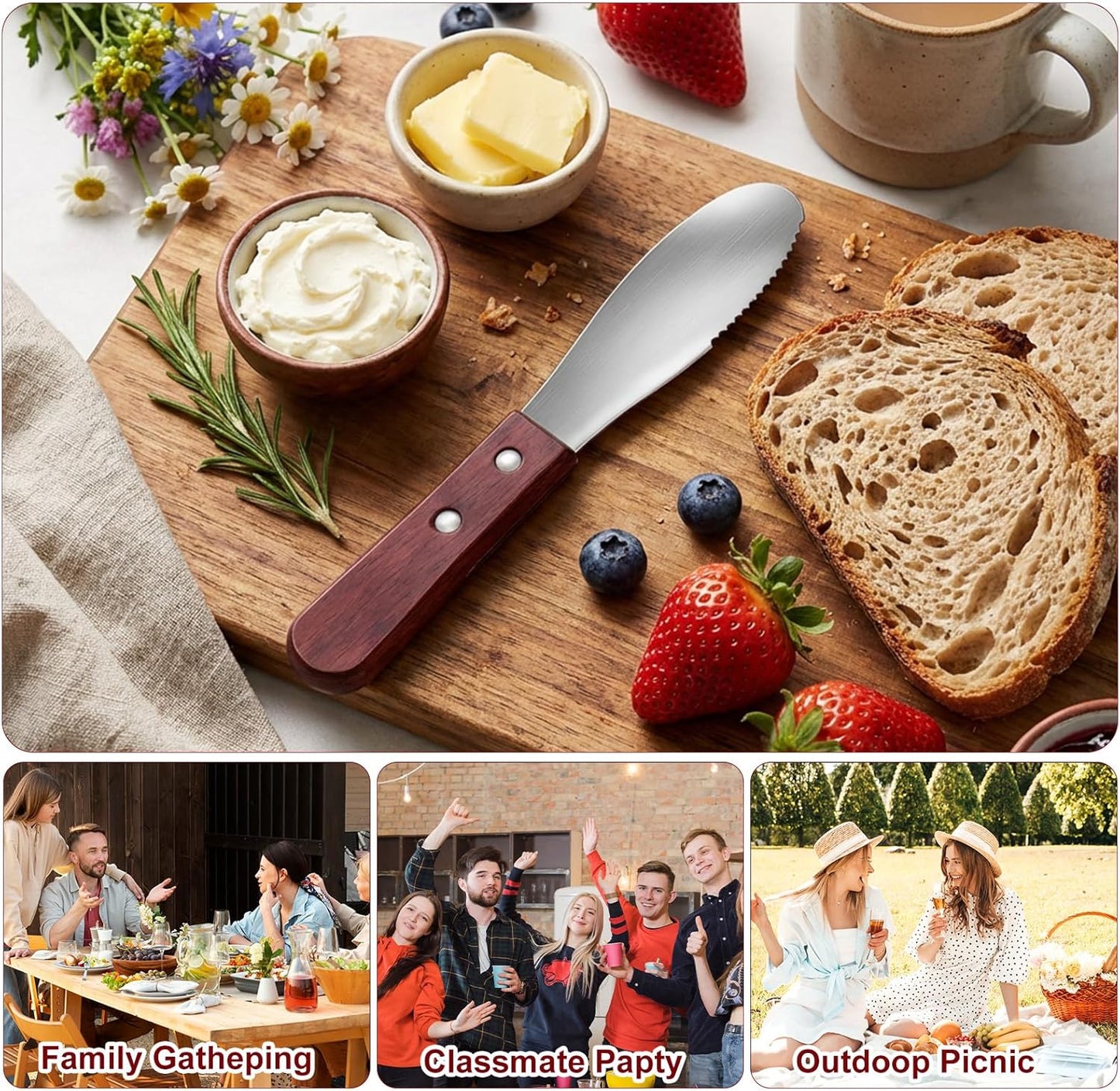 3 Pcs Stainless Steel Butter Spreader, Cheese Spreader Knife | Straight Edge Wide Butter Knife Spreader with Wood Handle Kitchen Tools for Sandwich Cream Condiments