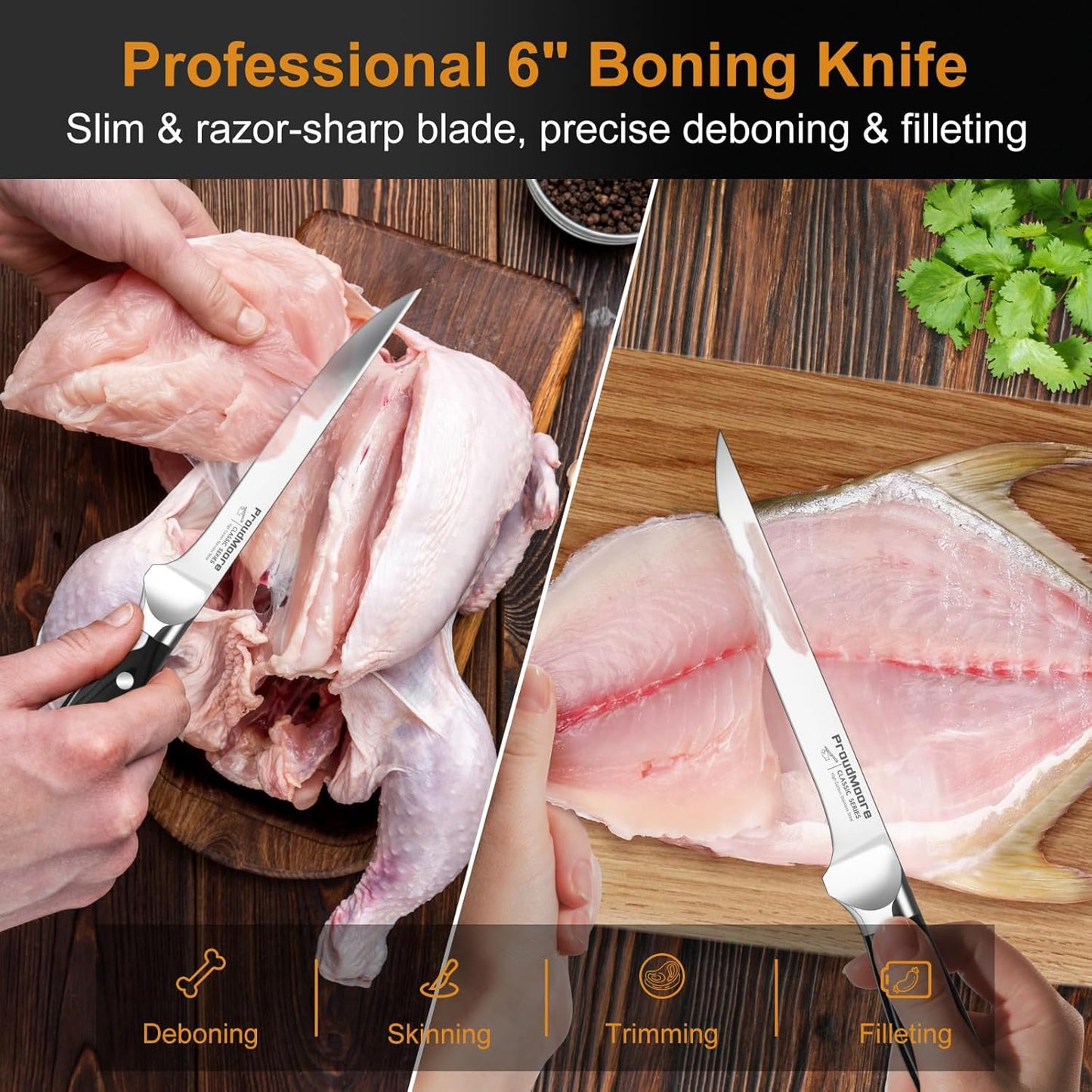 2 Pack Kitchen Knives Set, 8" Chef Knife & 6" Boning Knife, High Carbon Stainless Steel Blade with Wooden Handle, Professional Japanese Sharp Knives for Meat Cutting, Carving, Fish Fillet