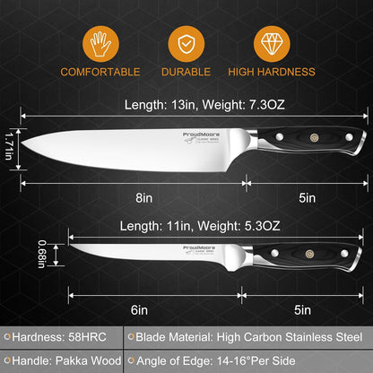 2 Pack Kitchen Knives Set, 8" Chef Knife & 6" Boning Knife, High Carbon Stainless Steel Blade with Wooden Handle, Professional Japanese Sharp Knives for Meat Cutting, Carving, Fish Fillet