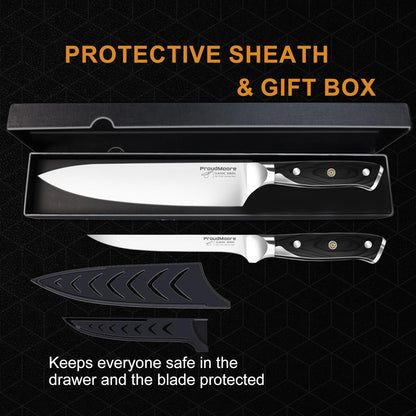 2 Pack Kitchen Knives Set, 8" Chef Knife & 6" Boning Knife, High Carbon Stainless Steel Blade with Wooden Handle, Professional Japanese Sharp Knives for Meat Cutting, Carving, Fish Fillet