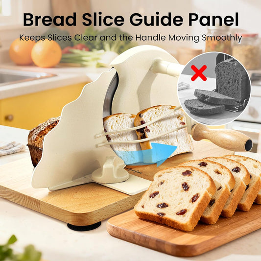 Manual Bread Slicer for Homemade Bread, Stainless Steel Slicers Serrated Blade Design, Adjustable Slice Thickness with Metal Guide, Hand Crank Bread Slicer with Scale Line and Suction Cup(Cream)