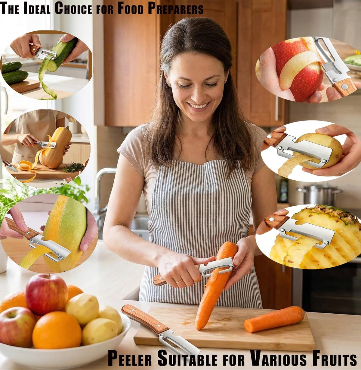 Multifunctional Stainless Steel Vegetable Veggie Peeler For Kitchen | Durable Wooden Handle Vegetable Peeler Suitable For Food Such As Potatoes, Carrots, Cucumbers, Peaches, Zucchini, And Cabbage