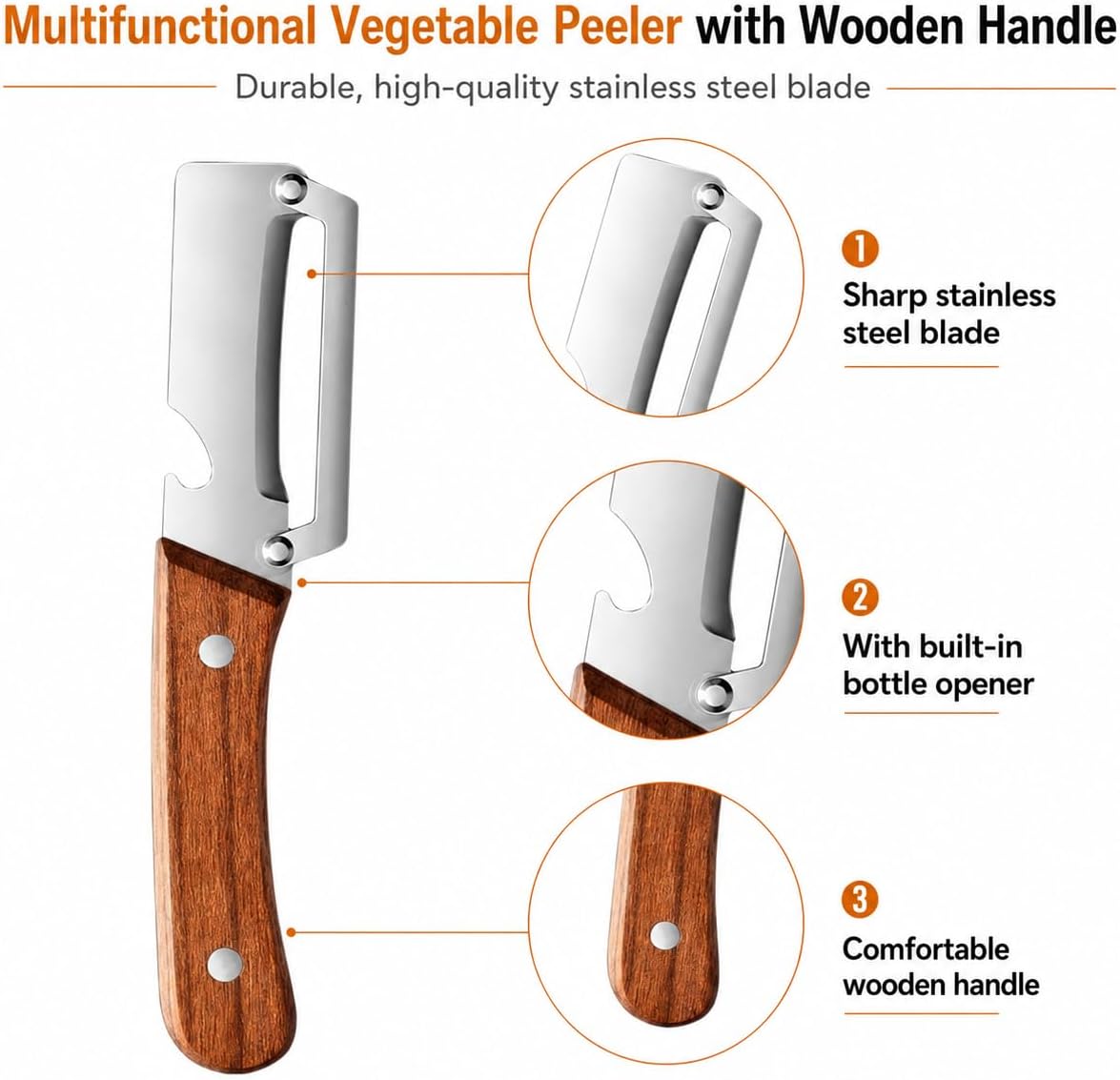 Multifunctional Stainless Steel Vegetable Veggie Peeler For Kitchen | Durable Wooden Handle Vegetable Peeler Suitable For Food Such As Potatoes, Carrots, Cucumbers, Peaches, Zucchini, And Cabbage