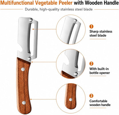Multifunctional Stainless Steel Vegetable Veggie Peeler For Kitchen | Durable Wooden Handle Vegetable Peeler Suitable For Food Such As Potatoes, Carrots, Cucumbers, Peaches, Zucchini, And Cabbage