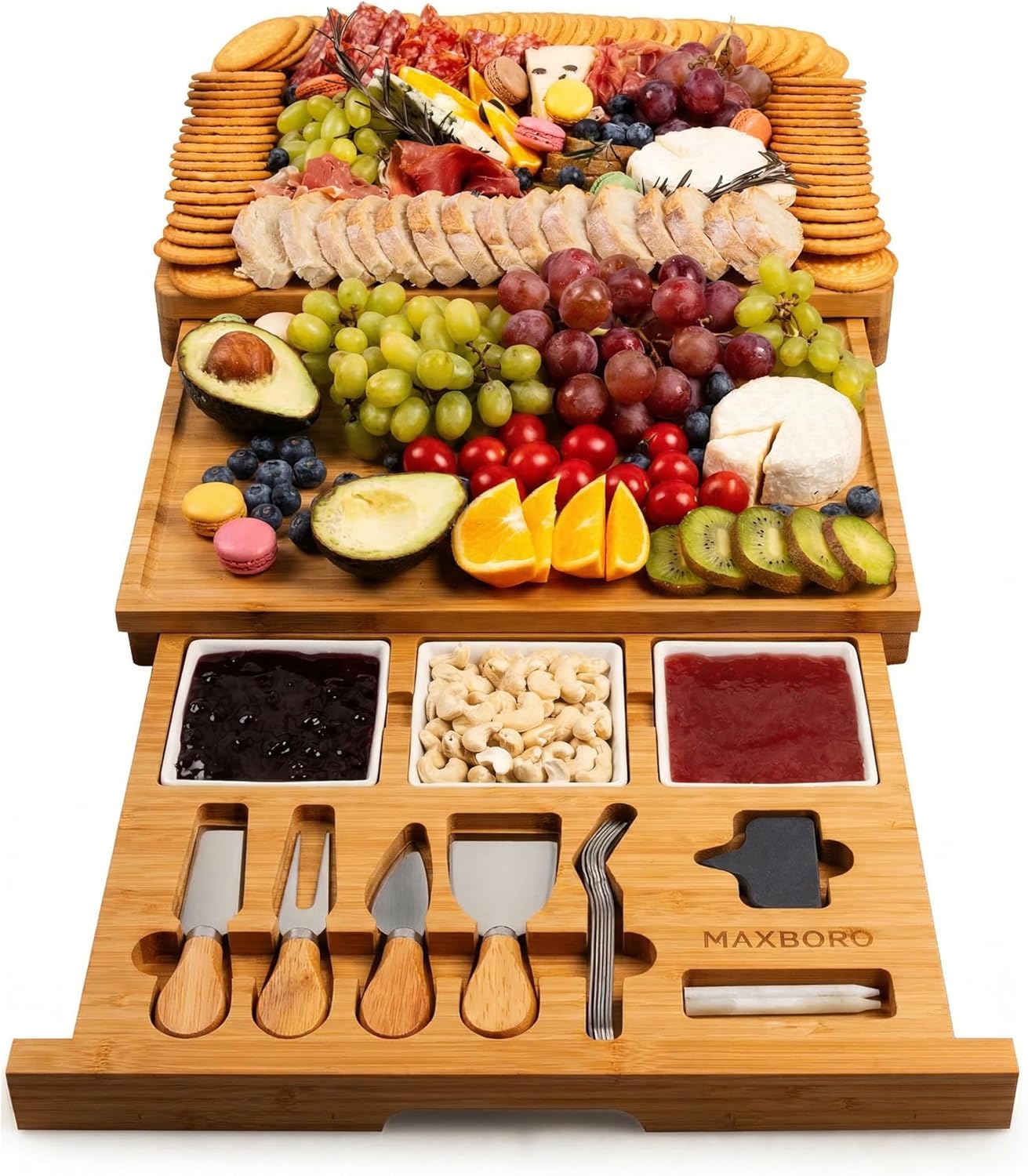 Extra Large Bamboo Charcuterie Board, 3-Layer Pull-Out Trays, Brown | 33.7"x15.7" 3-Layer Pull-Out Cheese Board with Slate Plate, Knife Set, Bowls, Ideal for Home Parties and Housewarming Gifts