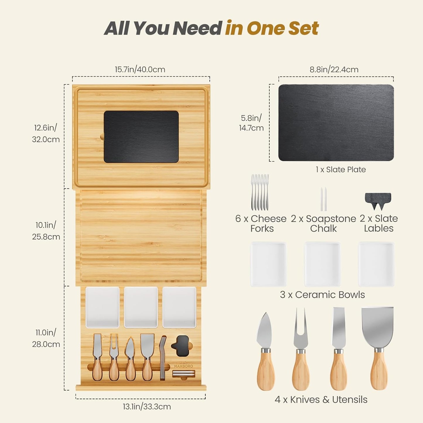 Extra Large Bamboo Charcuterie Board, 3-Layer Pull-Out Trays, Brown | 33.7"x15.7" 3-Layer Pull-Out Cheese Board with Slate Plate, Knife Set, Bowls, Ideal for Home Parties and Housewarming Gifts