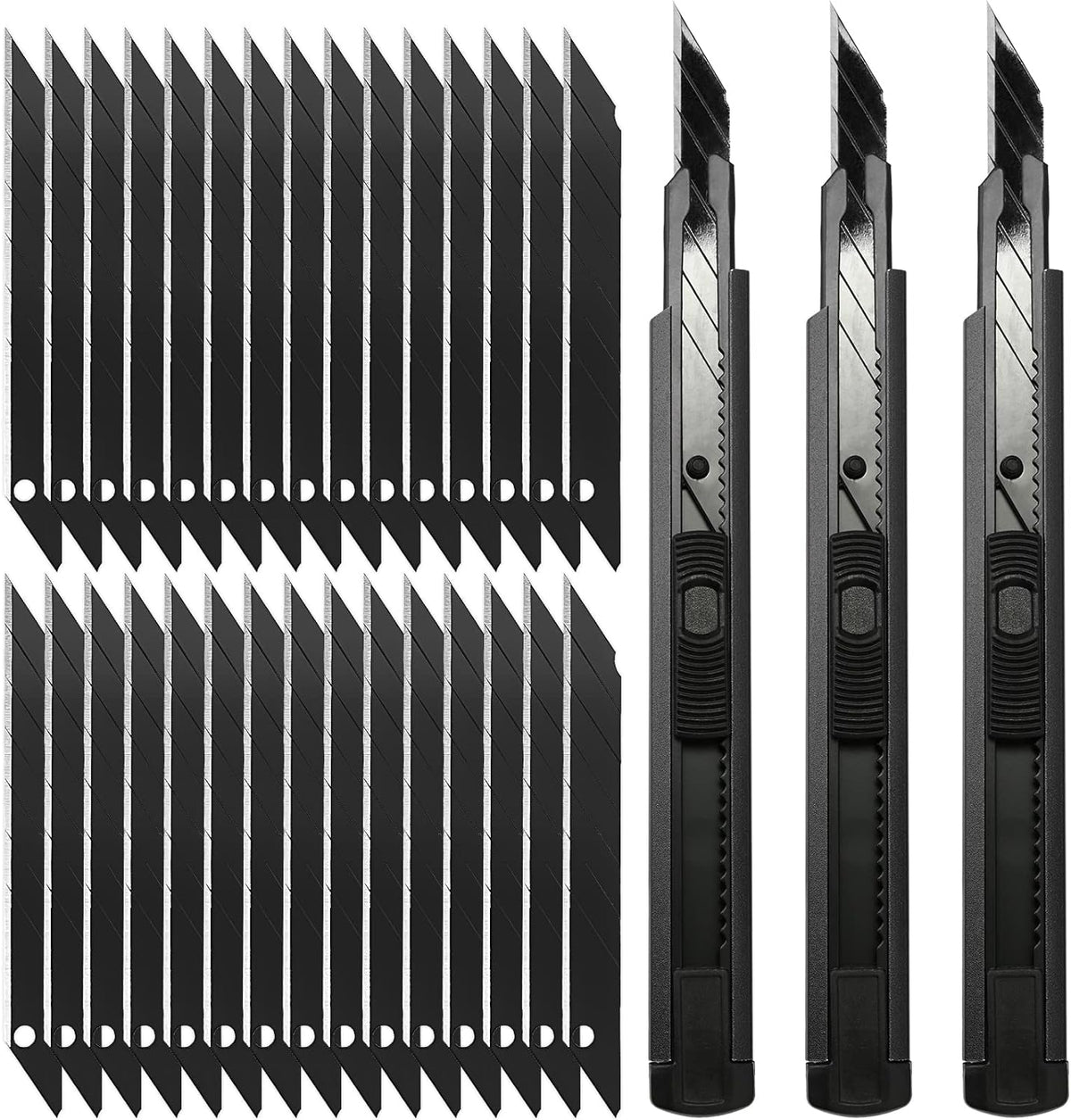 Retractable Utility Knife with 30 Degree Snap Off Blade 9MM, Box Cutter for Carton, Cardboard and Box, Office, Home Use, 3 Pack Black Aluminum Handle Knife with Extra 30 Replacement Blades