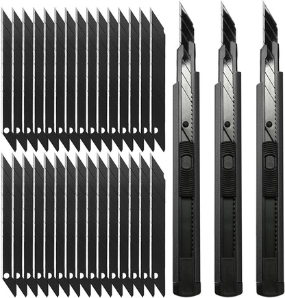 Retractable Utility Knife with 30 Degree Snap Off Blade 9MM, Box Cutter for Carton, Cardboard and Box, Office, Home Use, 3 Pack Black Aluminum Handle Knife with Extra 30 Replacement Blades
