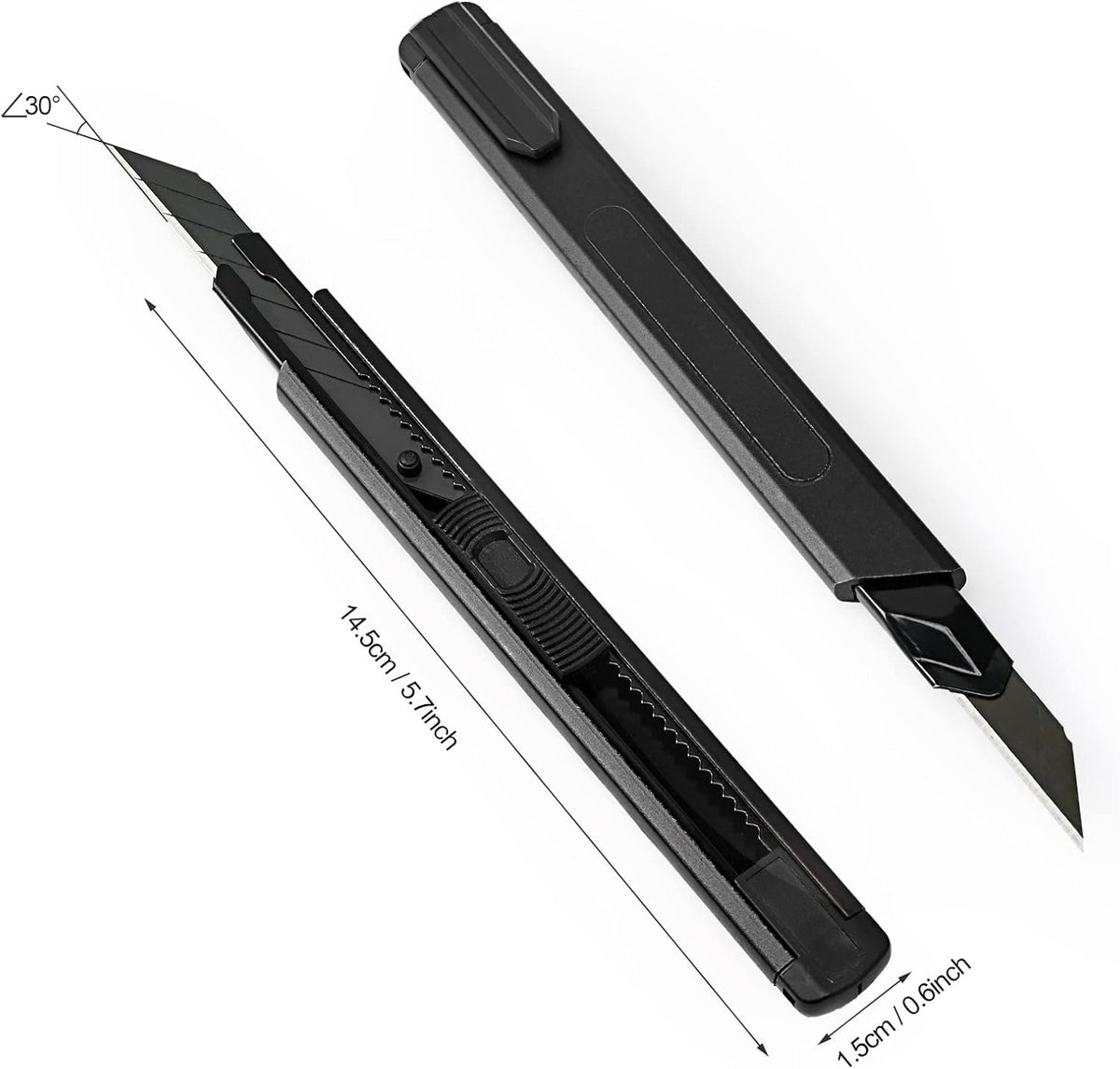 Retractable Utility Knife with 30 Degree Snap Off Blade 9MM, Box Cutter for Carton, Cardboard and Box, Office, Home Use, 3 Pack Black Aluminum Handle Knife with Extra 30 Replacement Blades