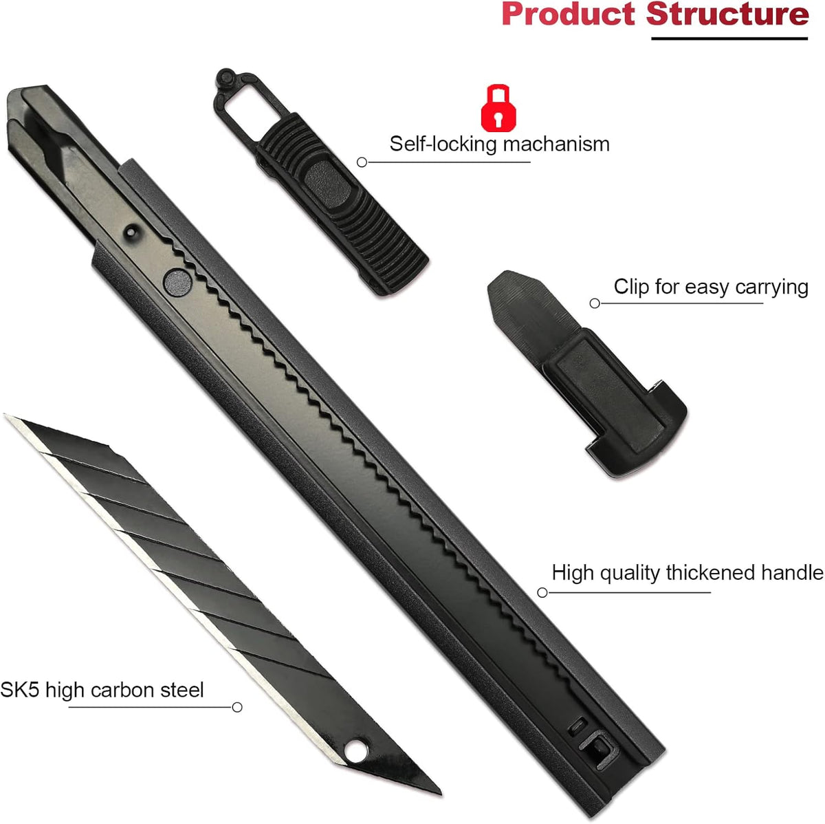 Retractable Utility Knife with 30 Degree Snap Off Blade 9MM, Box Cutter for Carton, Cardboard and Box, Office, Home Use, 3 Pack Black Aluminum Handle Knife with Extra 30 Replacement Blades