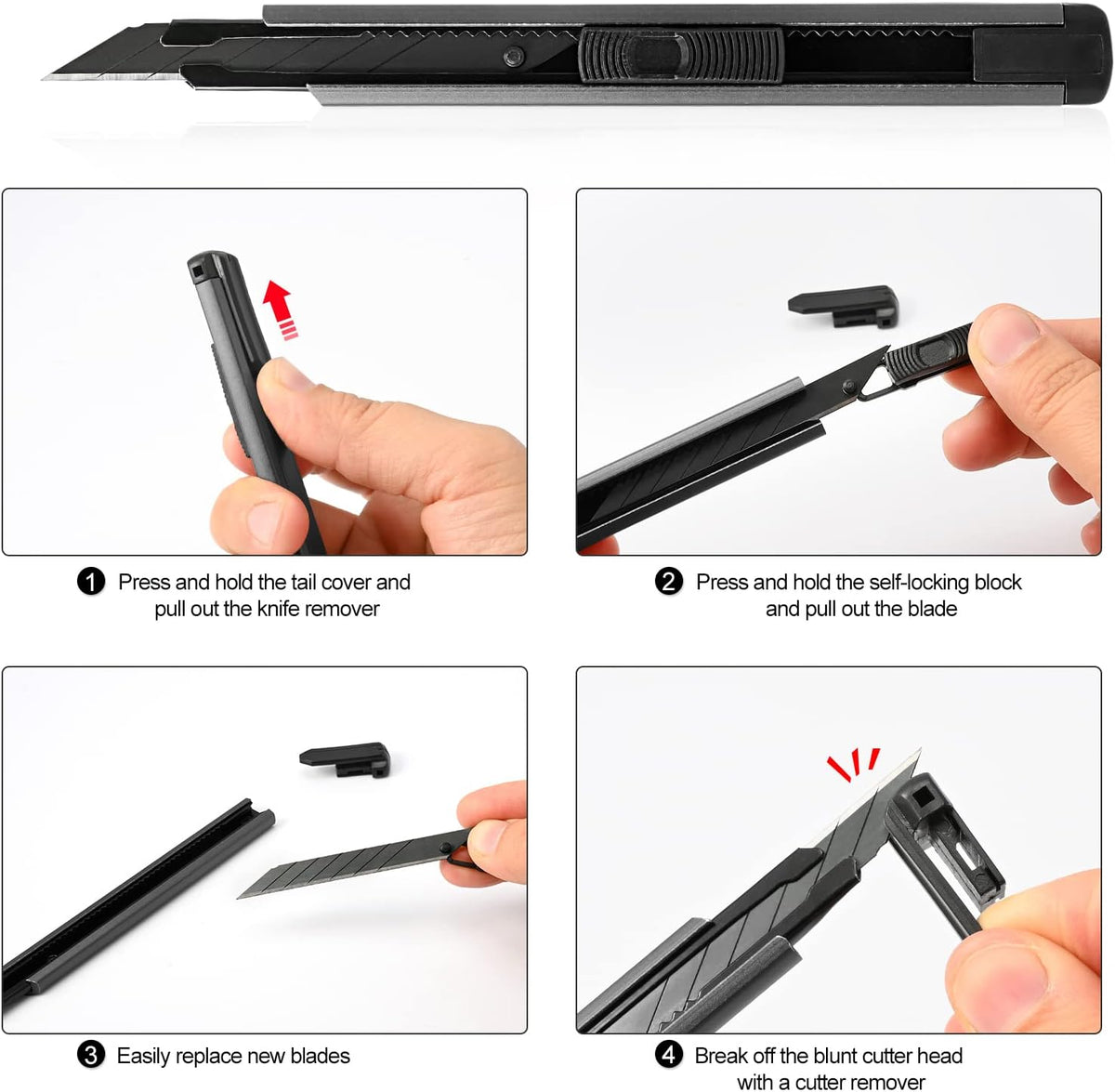Retractable Utility Knife with 30 Degree Snap Off Blade 9MM, Box Cutter for Carton, Cardboard and Box, Office, Home Use, 3 Pack Black Aluminum Handle Knife with Extra 30 Replacement Blades
