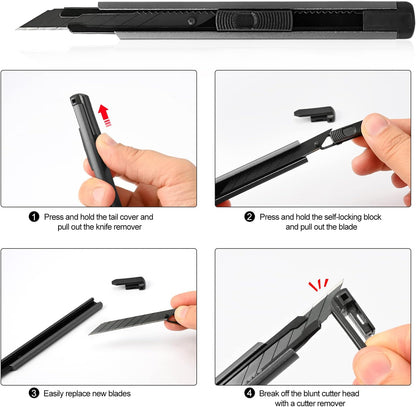 Retractable Utility Knife with 30 Degree Snap Off Blade 9MM, Box Cutter for Carton, Cardboard and Box, Office, Home Use, 3 Pack Black Aluminum Handle Knife with Extra 30 Replacement Blades
