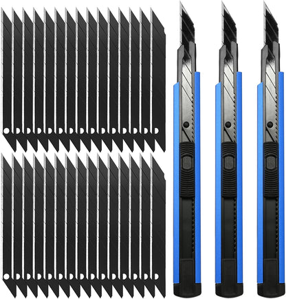 Retractable Utility Knife with 30 Degree Snap Off Blade 9MM, Box Cutter for Carton, Cardboard and Box, Office, Home Use, 3 Pack Black Aluminum Handle Knife with Extra 30 Replacement Blades