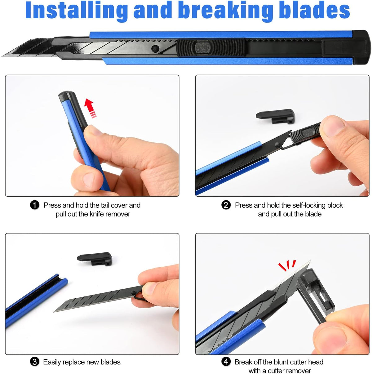 Retractable Utility Knife with 30 Degree Snap Off Blade 9MM, Box Cutter for Carton, Cardboard and Box, Office, Home Use, 3 Pack Black Aluminum Handle Knife with Extra 30 Replacement Blades