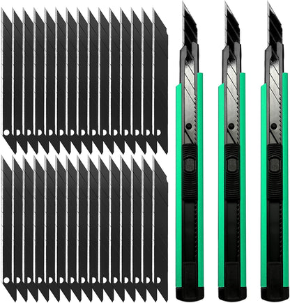 Retractable Utility Knife with 30 Degree Snap Off Blade 9MM, Box Cutter for Carton, Cardboard and Box, Office, Home Use, 3 Pack Black Aluminum Handle Knife with Extra 30 Replacement Blades