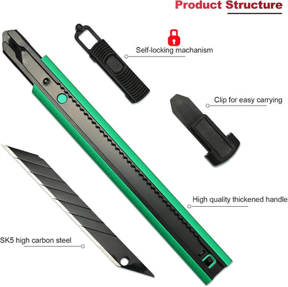 Retractable Utility Knife with 30 Degree Snap Off Blade 9MM, Box Cutter for Carton, Cardboard and Box, Office, Home Use, 3 Pack Black Aluminum Handle Knife with Extra 30 Replacement Blades