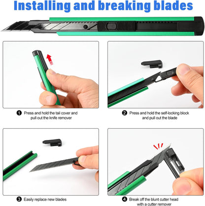 Retractable Utility Knife with 30 Degree Snap Off Blade 9MM, Box Cutter for Carton, Cardboard and Box, Office, Home Use, 3 Pack Black Aluminum Handle Knife with Extra 30 Replacement Blades