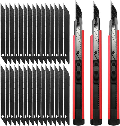 Retractable Utility Knife with 30 Degree Snap Off Blade 9MM, Box Cutter for Carton, Cardboard and Box, Office, Home Use, 3 Pack Black Aluminum Handle Knife with Extra 30 Replacement Blades