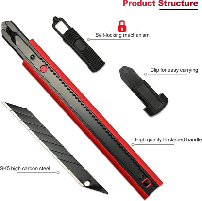 Retractable Utility Knife with 30 Degree Snap Off Blade 9MM, Box Cutter for Carton, Cardboard and Box, Office, Home Use, 3 Pack Black Aluminum Handle Knife with Extra 30 Replacement Blades