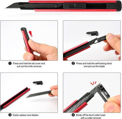 Retractable Utility Knife with 30 Degree Snap Off Blade 9MM, Box Cutter for Carton, Cardboard and Box, Office, Home Use, 3 Pack Black Aluminum Handle Knife with Extra 30 Replacement Blades