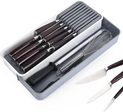 Expandable Drawer Organizers with Knife Block Knife Drawer Organizer stackable Cutlery Tray Knife Holder adjustable tray with Knife Block 9 Knives slot DIY drawer organizer(1 pack)