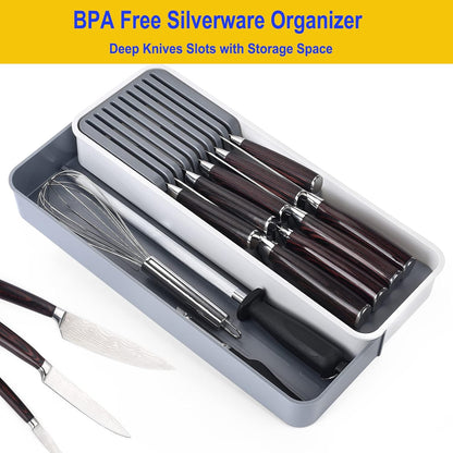 Expandable Drawer Organizers with Knife Block Knife Drawer Organizer stackable Cutlery Tray Knife Holder adjustable tray with Knife Block 9 Knives slot DIY drawer organizer(1 pack)