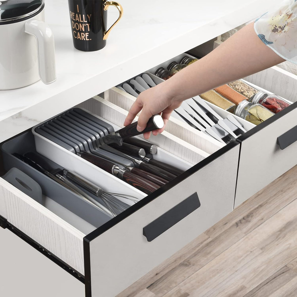 Expandable Drawer Organizers with Knife Block Knife Drawer Organizer stackable Cutlery Tray Knife Holder adjustable tray with Knife Block 9 Knives slot DIY drawer organizer(1 pack)