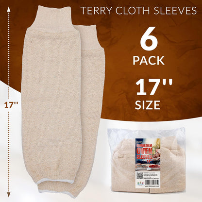 Terry Cloth Arm Sleeves, 17 Inch, Natural Beige, 6 Pack (3 Pairs), Cotton Polyester Blend, Vegan Eco-Friendly Fabric, Reversible, Machine Washable, Elastic Knit Cuffs, Cooking & Baking