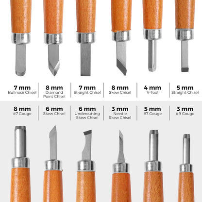 Wood Carving Kit, 12-pc mini chisel set, large handles