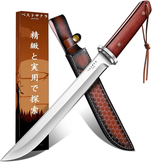 Japanese Tanto Knife - Fixed Blade, Rosewood Grip, Leather Sheath | 5mm Thick Full Tang Blade, Japan Hand Forged Carbon Steel, for Outdoor Camping Hiking Bushcraft, Men Gift