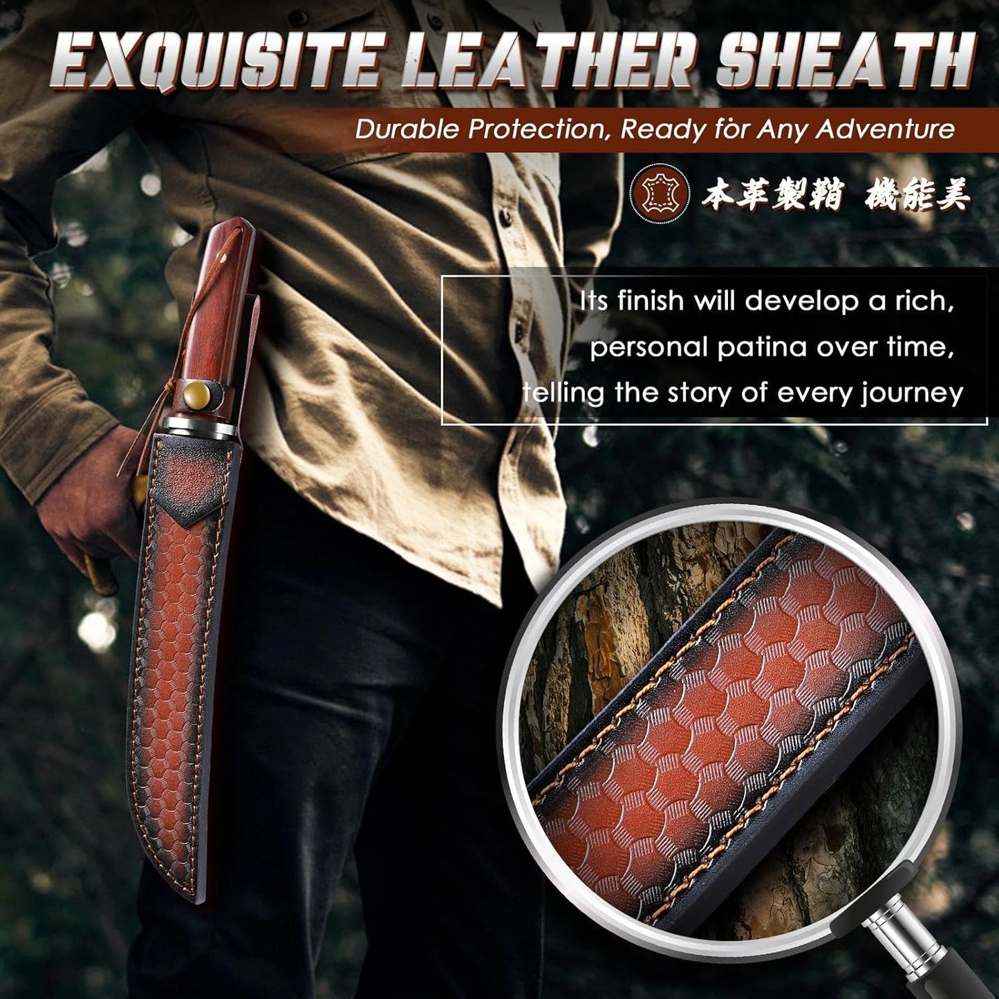 Japanese Tanto Knife - Fixed Blade, Rosewood Grip, Leather Sheath | 5mm Thick Full Tang Blade, Japan Hand Forged Carbon Steel, for Outdoor Camping Hiking Bushcraft, Men Gift