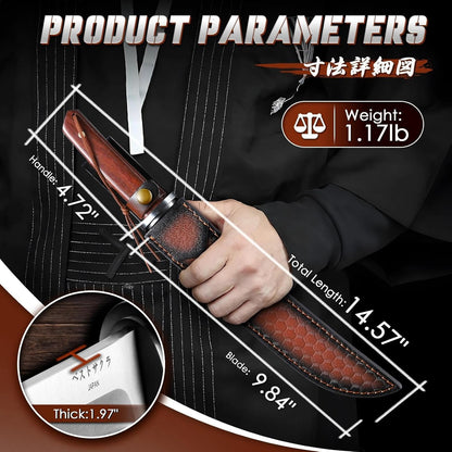 Japanese Tanto Knife - Fixed Blade, Rosewood Grip, Leather Sheath | 5mm Thick Full Tang Blade, Japan Hand Forged Carbon Steel, for Outdoor Camping Hiking Bushcraft, Men Gift