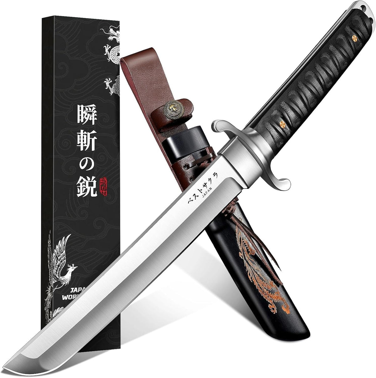 Japanese Tanto Knife - Fixed Blade, Rosewood Grip, Leather Sheath | 5mm Thick Full Tang Blade, Japan Hand Forged Carbon Steel, for Outdoor Camping Hiking Bushcraft, Men Gift