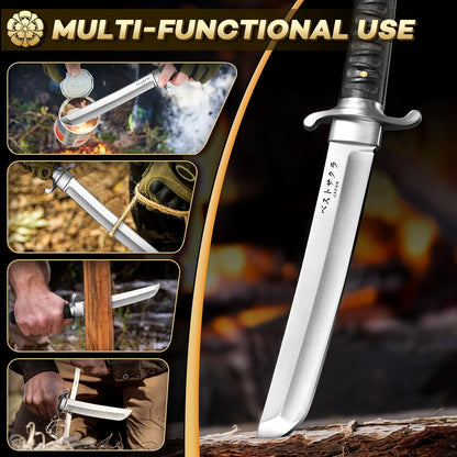Japanese Tanto Knife - Fixed Blade, Rosewood Grip, Leather Sheath | 5mm Thick Full Tang Blade, Japan Hand Forged Carbon Steel, for Outdoor Camping Hiking Bushcraft, Men Gift