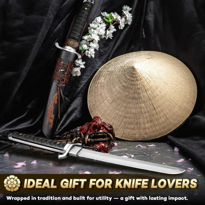 Japanese Tanto Knife - Fixed Blade, Rosewood Grip, Leather Sheath | 5mm Thick Full Tang Blade, Japan Hand Forged Carbon Steel, for Outdoor Camping Hiking Bushcraft, Men Gift