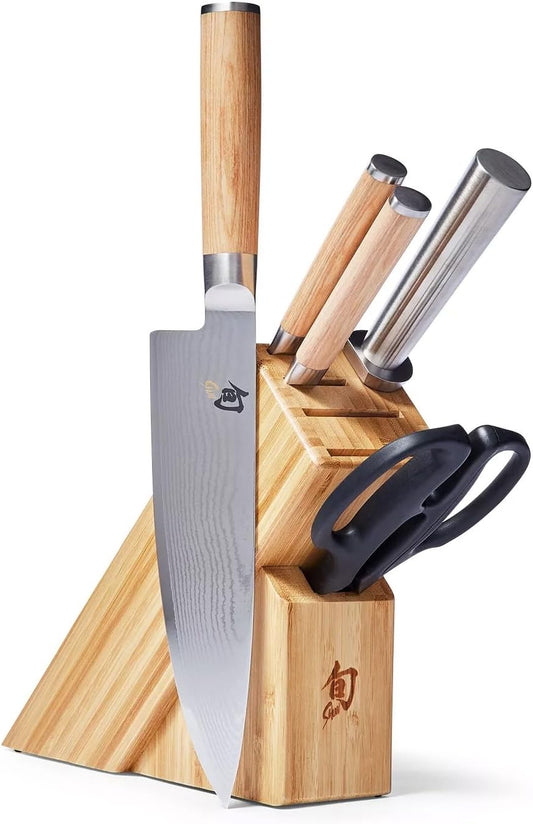Classic Blonde 6-Piece Knife Block Set with Damascus Steel | Includes 8" Chef's, 4" Paring, 6" Serrated Utility Knife & Shears, Damascus Stainless Steel Cladding, Pakkawood Handle